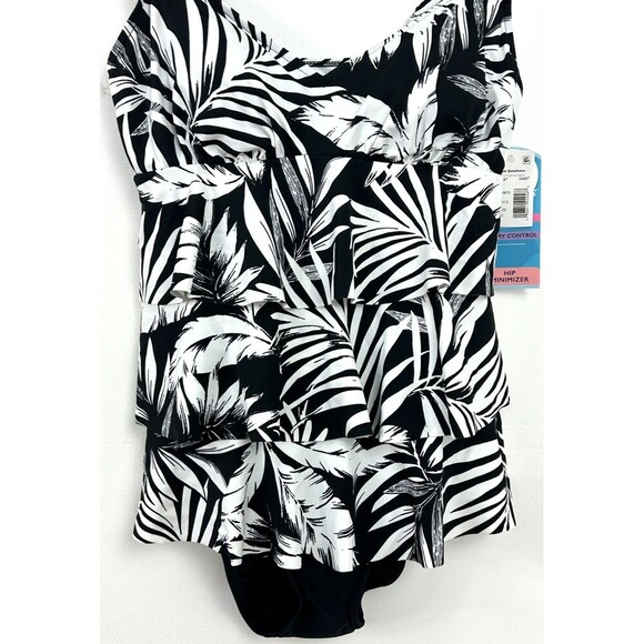 Swim Solutions Feather Bloom Black White Triple Tier One Piece Swimsuit Sz 8 - Picture 5 of 12